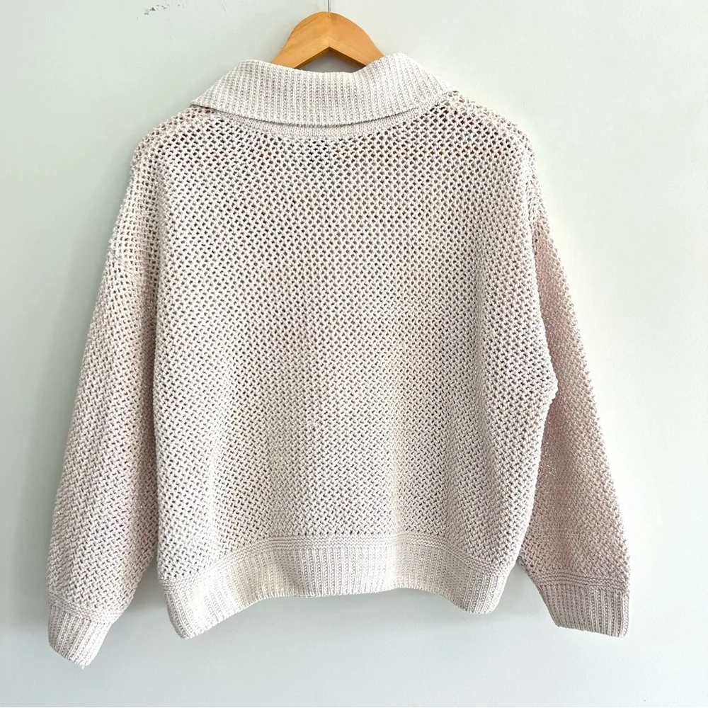 JOIE Cream Metallic Glitter Shimmer Sequins Open Knit Lace Up Sweater Sz XL